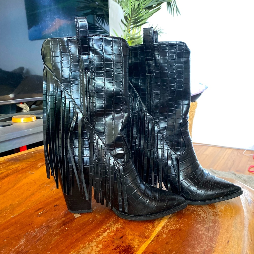 Western fringe black faux snakeskin cowboy boots